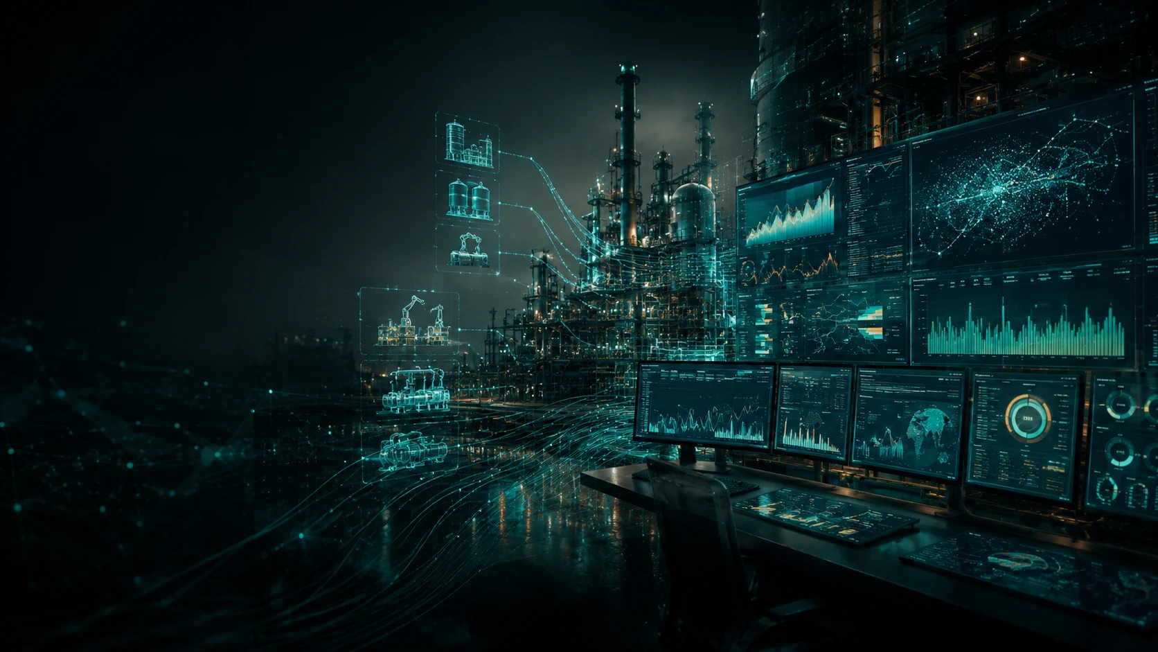 Industrial operational data converging into advanced analytical dashboards